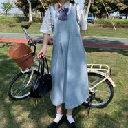 BMOI學(xué)院風(fēng)法式初戀碎花連衣裙女學(xué)生夏季寬松中長(cháng)款娃娃領(lǐng)短袖A字裙 藍色 單件背帶裙 S