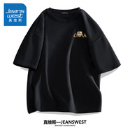 真維斯（Jeanswest）半袖男夏季大碼男士衣服男生純棉休閑短袖體恤胖子寬松男裝白t恤 黑色(功夫醒獅胸標) S (建議85斤-100斤左右)