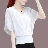 燕潯V領(lǐng)雪紡襯衫女短袖2025年新款夏季蝙蝠氣質(zhì)小衫收腰薄款短款上衣 白色 XL 建議120-130斤