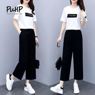 puhp女裝七分闊腿女2025夏季新款韓版黑色寬松薄款高腰垂感直筒休閑褲 [九分褲]黑色 2XL [建議125-140斤]