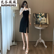 芭芬薇薇洋氣減齡休閑連衣裙女夏季假兩件黑色法式赫本風(fēng)氣質(zhì)短袖開(kāi)叉裙子 黑色 S