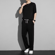 嘉曄冰絲套裝男夏季短袖七分褲兩件套吸汗透氣寬松大碼休閑運(yùn)動套裝男 潮社坊A10冰絲套裝-黑色T恤+長褲 M