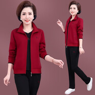 岸婷中老年女裝秋裝2024新款女裝媽媽裝運動(dòng)套裝三件套40歲50外套衣服 酒紅色【三件套】 L【建議重105斤內】