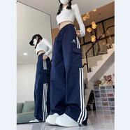 QGF美式工裝休閑褲女小個子新款春秋季潮牌褲子寬松直筒拼色運動長褲 藏青色 S