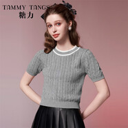 糖力【商場(chǎng)同款】春秋新款短袖撞色麻花針織衫女套頭打底衫上衣 灰色 M