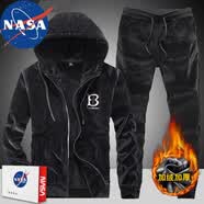 NASA BASE金絲絨衛(wèi)衣套裝男秋季休閑衣服外套男士加絨加厚冬季潮流衛(wèi)衣男裝 黑色 XL (推薦體重125-140斤)