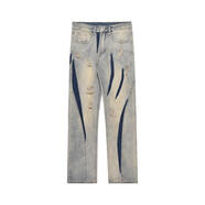 LANWEIFEILEI高街水洗黃泥褲子補丁破洞牛仔褲潮牌男女款修身直筒褲顯瘦長(cháng)褲子 圖片色  S