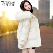 啄木鳥(niǎo)（TUCANO）白鴨絨羽絨服女短款2024新款冬季爆款加厚小個(gè)子中長(cháng)款大毛領(lǐng)外套 米白-狐貍毛 M 推薦(100-115體重)