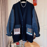 愷吉銳小個(gè)子復古針織粗棒針大毛衣牛仔拼接外套女中長(cháng)款設計感小眾 7677針織外套 黑色 M 建議80-100斤