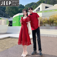 JEEP SPIRIT情侶裝夏季紅色一裙一衣襯衫設計感七夕訂婚宴領證結(jié)婚登記照套裝 L XXS 男襯衫/領結(jié)/褲子