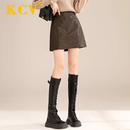 KCV小皮裙女秋冬新款高腰短裙a字御姐顯瘦包臀半身裙 咖色 XL 【建議120-135斤】
