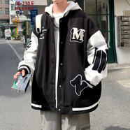 普戈斯（PUGESI）棒球服男外套春秋季胖子加大碼新款潮流寬松百搭拼色圓領(lǐng)夾克 J58黑色春秋連帽款 XL