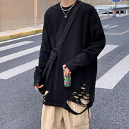 金盾（KIN DON）春季潮牌高街疊穿下擺打底衫男上衣內搭外穿寬松破洞長(cháng)袖恤男 黑色 XL