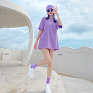 深妍色閨蜜裝彩色t恤套裝純棉寬松團體出游旅行表演服多巴胺糖果色t恤 淺紫T恤【 眼鏡+襪子+帽子] M