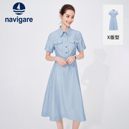 Navigare意大利小帆船女士短袖襯衫裙中長款連衣裙2322874504 藍(lán) M 