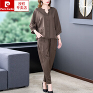 皮爾卡丹（pierre cardin）休閑裝套裝女春夏季2025新款寬松顯瘦時(shí)尚高級(jí)感哈倫褲兩件裝針織 咖色 L (95-120斤)