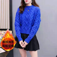 彌多紅秋冬季新款加絨加厚白色毛衣女外穿套頭高腰短款小個子針織衫上衣 加(絨)寶藍 XL 110-120斤