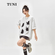 途尼蝴蝶發(fā)泡印花短袖t恤女春夏2024年新款復(fù)古潮牌情侶裝寬松上衣 花灰色 M