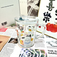 婕茵桐牛奶杯玻璃小新小帕卡通高顏值杯子吸管家用情侶手柄杯帶把可愛(ài)早 帕冾狗把手杯杯+蓋+吸管 400ml