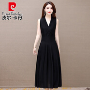 皮爾卡丹（pierre cardin）牛奶絲連衣裙女夏2025年氣質(zhì)中年時(shí)尚無袖長裙碎花吊帶大擺裙 黑色 XL (115-130斤)