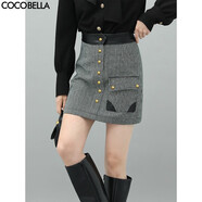 COCOBELLA質(zhì)感PU拼接千鳥(niǎo)格半身裙女氣質(zhì)名媛風(fēng)高腰A字短裙HS550 黑白格 M