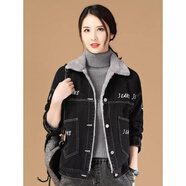 LANWEIFEILEI加絨加厚黑色牛仔短外套女年秋冬新款刺繡保暖夾克衫 黑色外套-227 面料 加絨 XL 建議130-145斤