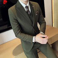 皮爾卡丹（pierre cardin）輕奢商務(wù)修身西服套裝男高級(jí)感通勤休閑雅痞小西裝工裝禮服三件套 軍綠色【西裝+馬甲+西褲】 52/XL 【118-123斤】