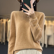 赫&旻新款100羊毛衫女寬松百搭2024秋冬羊毛衫套頭針織衫毛衣內(nèi)搭 金駝色 L（110-125斤）