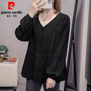 皮爾卡丹（pierre cardin）大碼寬松遮肚子長袖T恤女士2025春夏新款V領(lǐng)小衫顯瘦上衣 黑色長袖【胖mm遮肚上衣藏肉/大 3XL 【160-180斤】