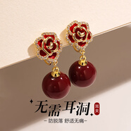 黛若紅色珍珠耳環(huán)耳夾無耳洞女小香風秋冬耳釘耳墜過年喜慶蚊香盤耳飾