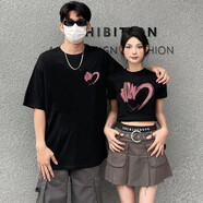 MDlila不一樣情侶裝t恤2025年新款夏季一長一短袖衣服套裝團體班服定制 愛心 黑色長款+黑色短款 L 男+女M