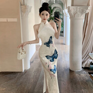 蝶霓斯蝴蝶印花中式性感優(yōu)雅連衣裙設(shè)計感毛毛拼接高腰氣質(zhì)顯瘦改良旗袍 杏色 M (95-105斤)