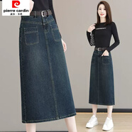 皮爾卡丹牛仔裙女秋季2025新款高腰中長(zhǎng)款裙子遮胯a字裙后開(kāi)叉包臀半身裙 535藍(lán)色不加腰帶 L