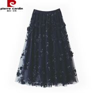 皮爾卡丹（pierre cardin）網紗刺繡半身裙溫柔氣質中長裙立體花朵重工紗裙小清新仙女裙 黑色 均碼