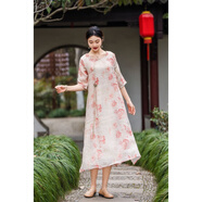 榮西圖（RONGXITU）新中式圓領(lǐng)斜門(mén)襟流蘇設計五分袖套頭連衣裙森女系氣質(zhì)減齡中長(cháng)裙 紅色 均碼