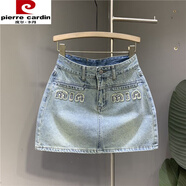 皮爾卡丹（pierre cardin）字母刺繡高腰牛仔短裙女2024夏季新款韓版顯瘦水洗辣妹a字半身裙 藍(lán)色裙子 S