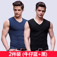 簡(jiǎn)云 2件純棉背心男士健身運動(dòng)薄款無(wú)袖t恤外穿吊帶坎肩打底汗衫夏季 黑色+牛仔藍 2XL 【適合150-180斤】