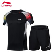 李寧 羽毛球服套裝男士2025年夏季新款透氣速干大賽服訓(xùn)練運動服短袖T T031黑色-套裝 M