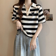設(shè)計(jì)感條紋polo領(lǐng)短袖t恤女夏季2025新款小眾韓版正肩顯瘦上衣女 圖片色 XL （130-160斤）