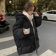 素羽輕羅羽絨服女中長(cháng)款冬2025年新款韓版加厚寬松面包服學(xué)生外套上衣女裝 黑色 L