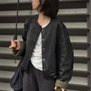 MODX香港女裝兩面穿綿羊皮真皮皮衣圓領(lǐng)寬松上衣2024新款短款夾棉 黑色單皮   【A級皮料】 L
