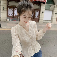 月袖長袖洋氣雪紡小衫珍珠收腰顯瘦內(nèi)搭上衣女春季新款小眾V領(lǐng)襯衫潮 杏色 收藏關(guān)注店鋪優(yōu)先發(fā)貨 L 建議96-115斤