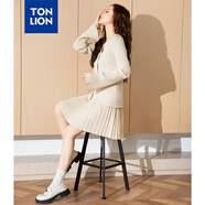 唐獅秋冬新款女V領(lǐng)適身開(kāi)衫外套短裙套裝WP 米白 M