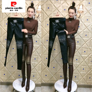 皮爾卡丹（pierre cardin）歐貨網(wǎng)紅皮褲高端水洗皮拼接燙鉆鉛筆褲顯瘦外穿褲子秋冬新款 黑色 L 建議90-105斤