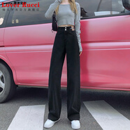 LOVER RUCCI韓國黑色闊腿牛仔褲女春夏裝2025年新款高腰垂感直筒寬松拖地褲子 黑色九分 XS