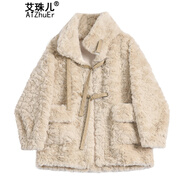 艾珠兒短款羊羔毛絨外套女冬季新款韓版加厚皮毛一體棉服女秋冬保暖棉衣 貢米色 M