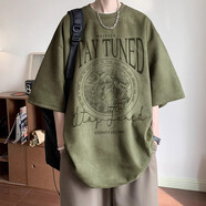 木清清短袖t恤男夏季2024新款美式麂皮絨半袖T恤衫青年情侶寬松休閑上衣 綠色 2XL