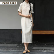 Famecoco范可兒連衣裙新中式刺繡旗袍式斜襟女裝長裙FAC3FA017 杏色 L