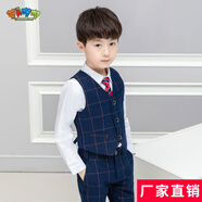 蘿卜唄唄兒童禮服男兒童西裝男套裝禮服男童西服鋼琴主持演出服中小花童 長(zhǎng)褲藍(lán)格兩件套(馬甲、長(zhǎng)褲） 130cm建議體重43-50斤