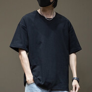 風梵名夏季重磅280g純棉短袖T恤男寬松大碼純色打底衫上衣潮流半袖體恤 黑色 3XL （體重180-200斤）